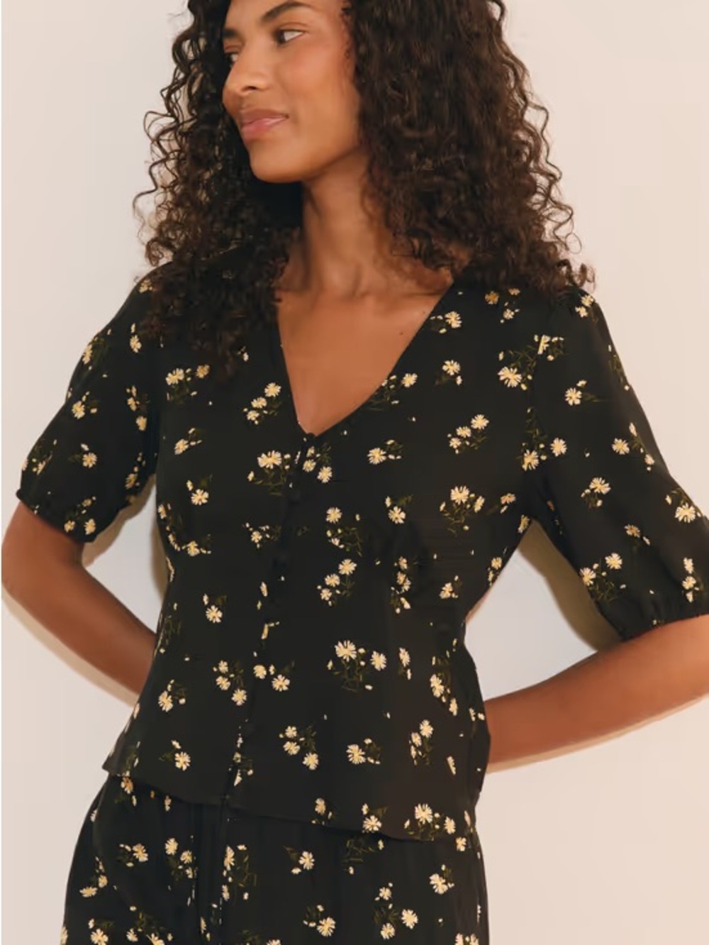 Able Black Floral V-Neck Blouse with Cream Daisies